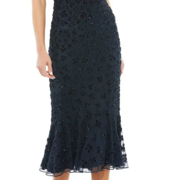 MAC DUGGAL 10771 FLOUNCE SLEEVE MIDI MIDNIGHT NAVY MIDI DRESS sz 6
